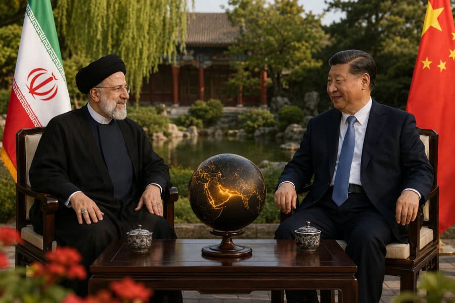 Iranian and Chinese leaders exchanging discussions outdoors with flags in the background.